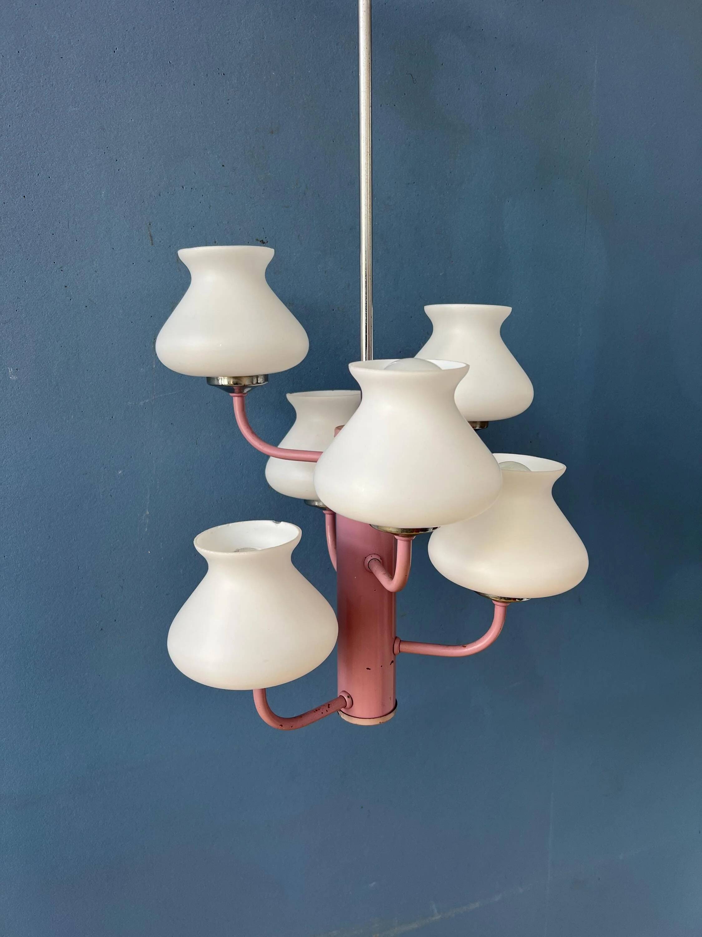 Mid-century opaline glass chandelier with a pink structure.