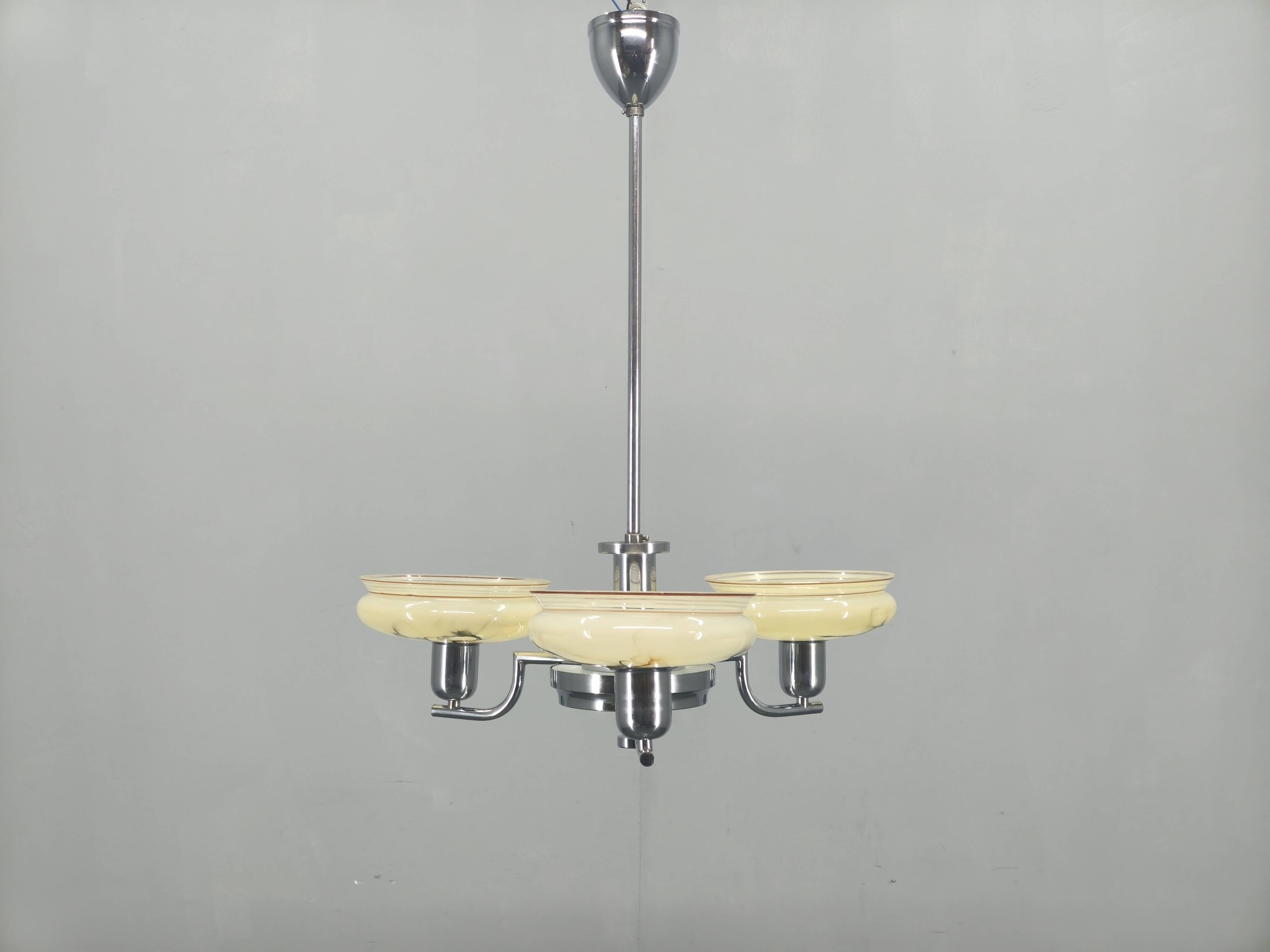 Art Deco Chandelier by Napako, Chrome & Marble Glass, 1930s