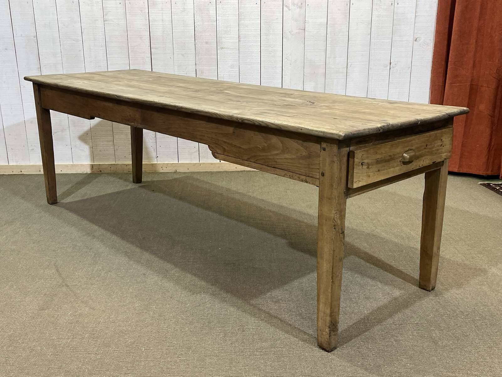 19th century farmhouse table in raw chestnut with original drawer and shelf