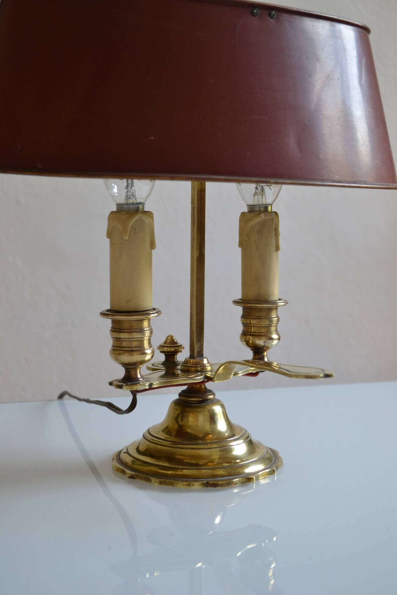 hot water bottle lamp with 2 bronze lights and burgundy sheet metal lampshade