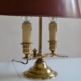 hot water bottle lamp with 2 bronze lights and burgundy sheet metal lampshade