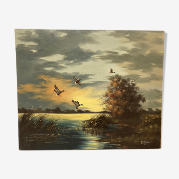 Oil on canvas sunset at the water's edge
