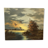 Oil on canvas sunset at the water's edge