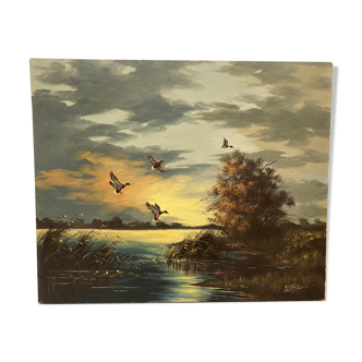Oil on canvas sunset at the water's edge