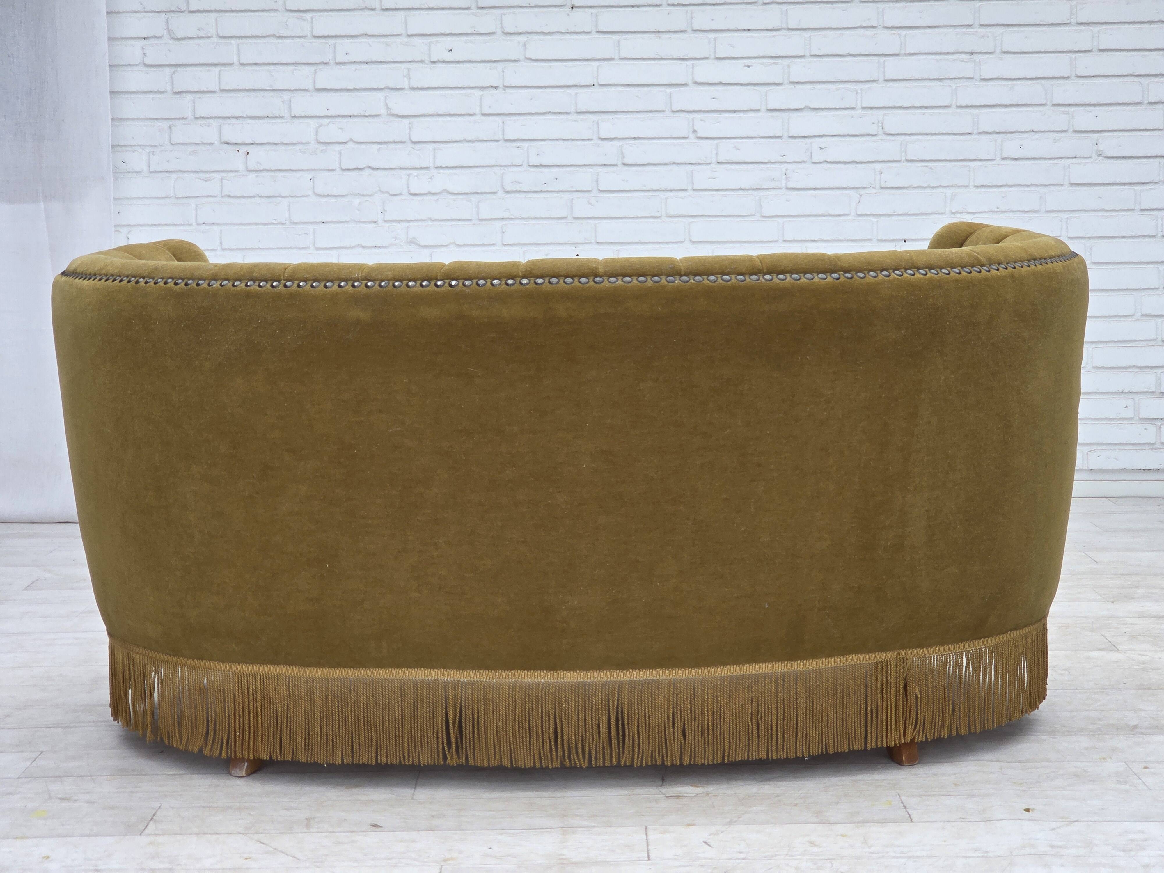 1970s, Danish 2-seater "Banana" sofa, green furniture velour.
