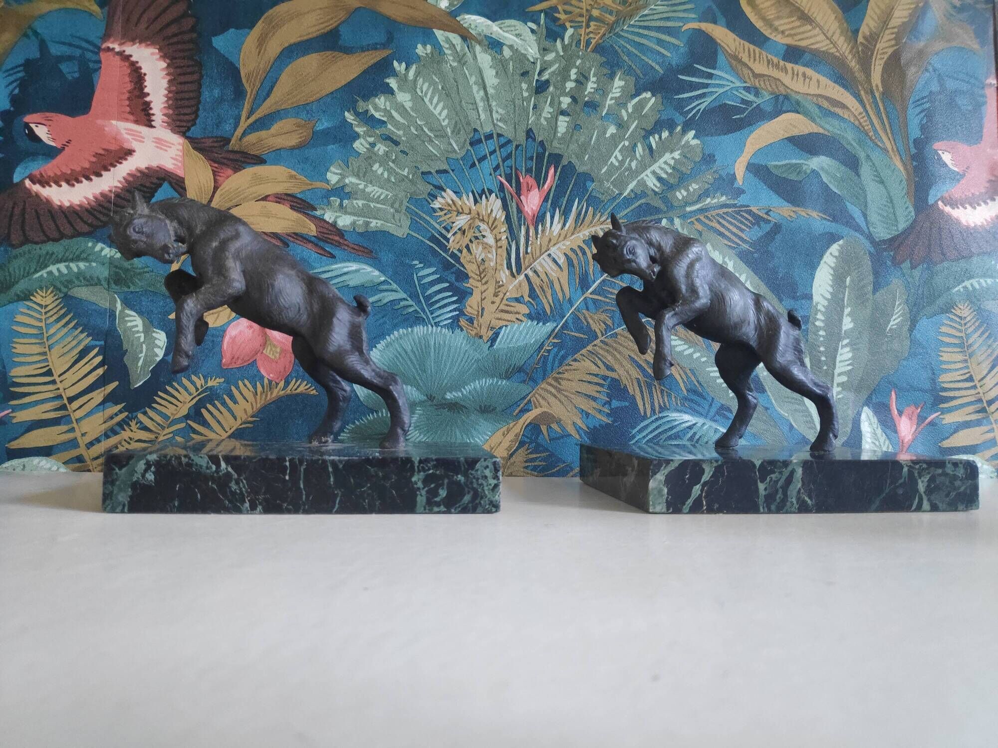 old ibex bookend, base in beautiful black marble veined green