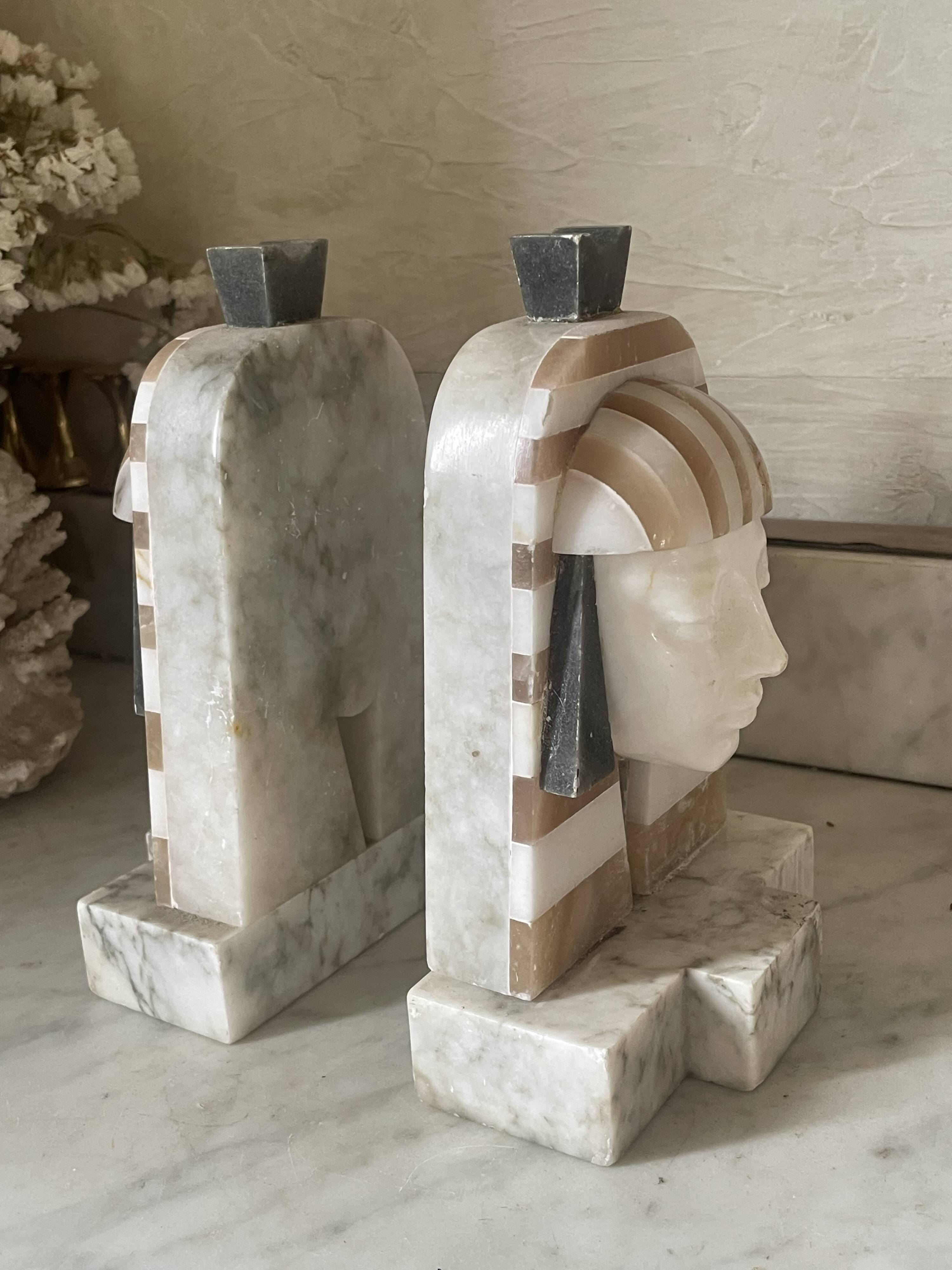 Art Deco "Egyptian Revival" pair of bookends in carved alabaster