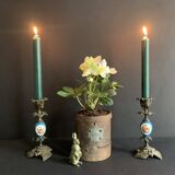 Pair of Napoleon III candlesticks in bronze and floral porcelain