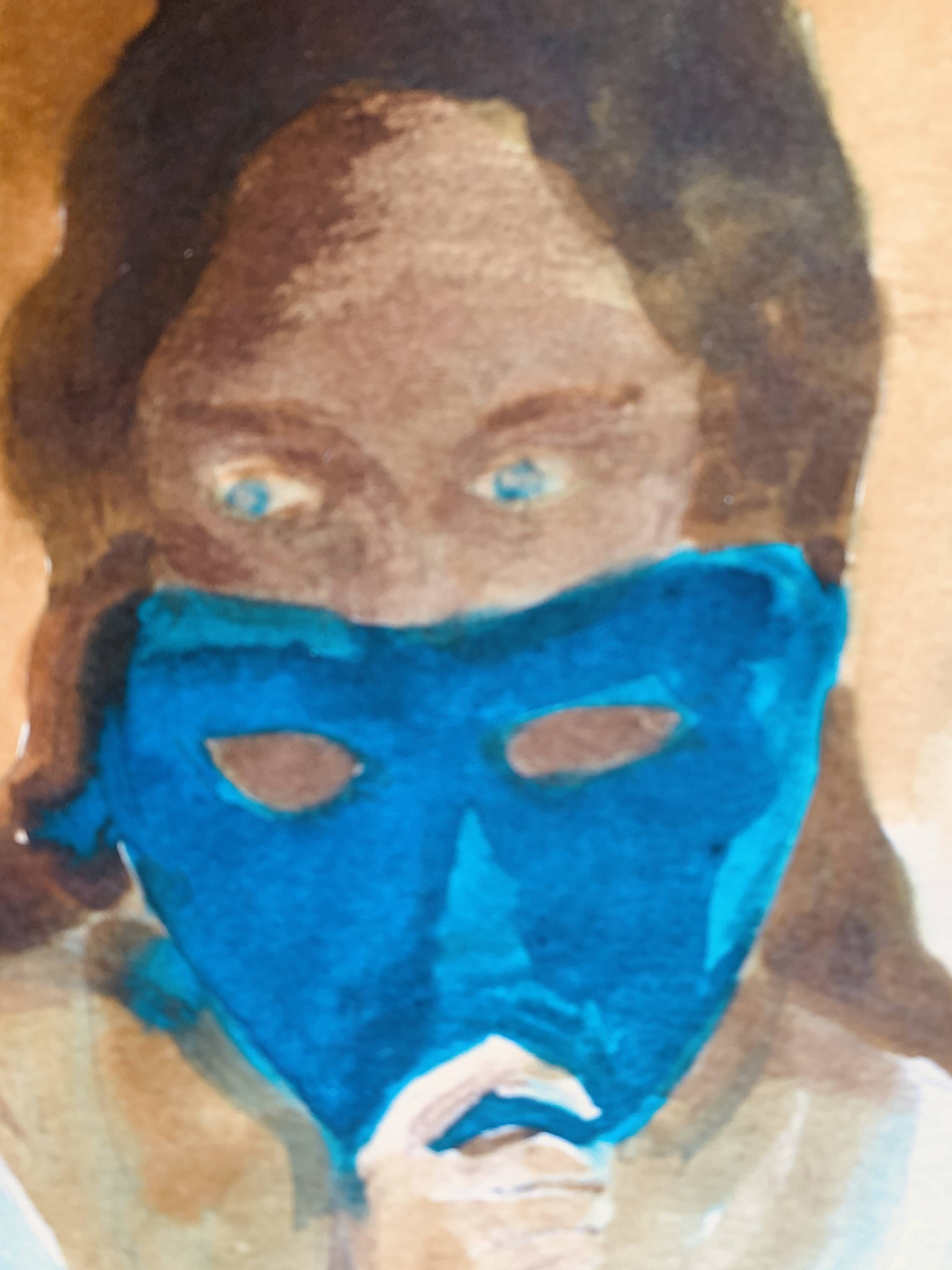 Signed painting of a female portrait at the Carnival of Venice "the blue mask"