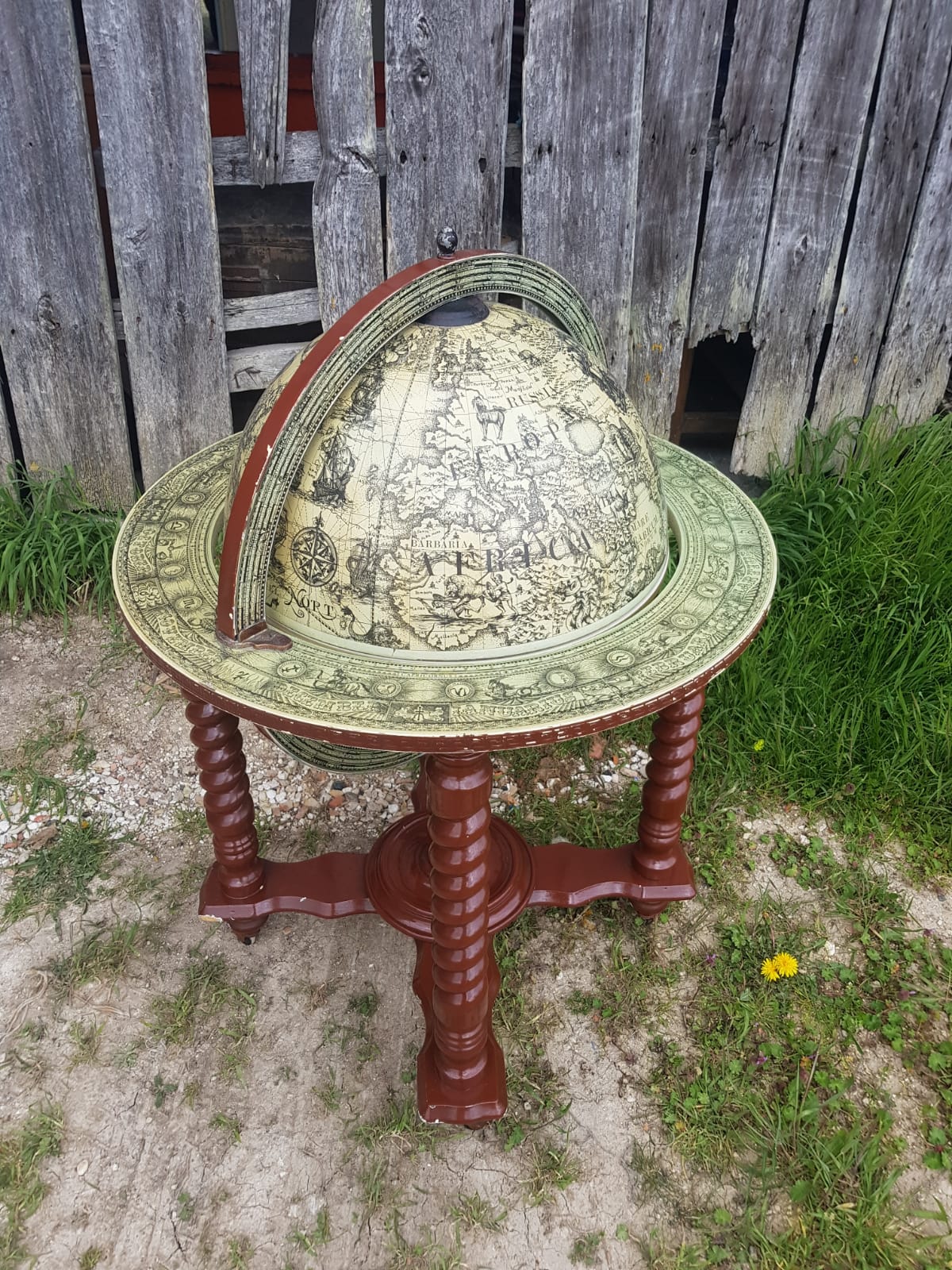 Former Bar Mappemonde Structure Wood Torsadé - Globe Metal Turning Vintage