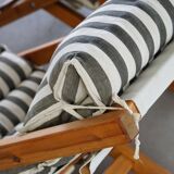 Mid-century dining/lounge chairs in pine and striped cotton canvas, Denmark, 1970s.