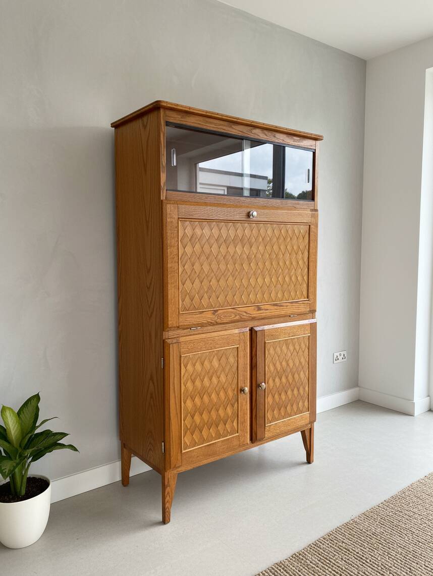 Vintage oak secretary with chestnut inlays – 1960