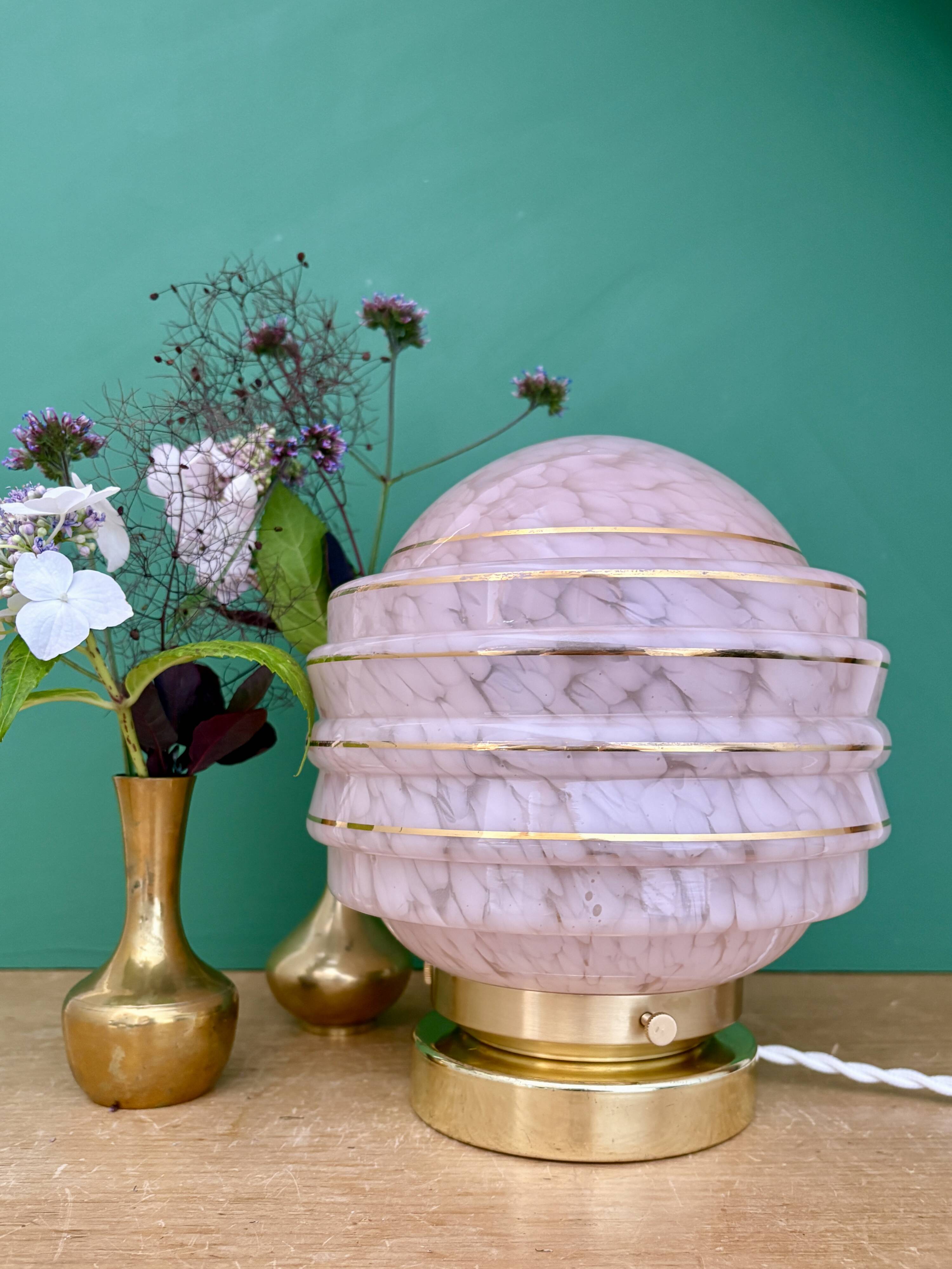 Vintage art deco globe table lamp in pink and gold Clichy glass