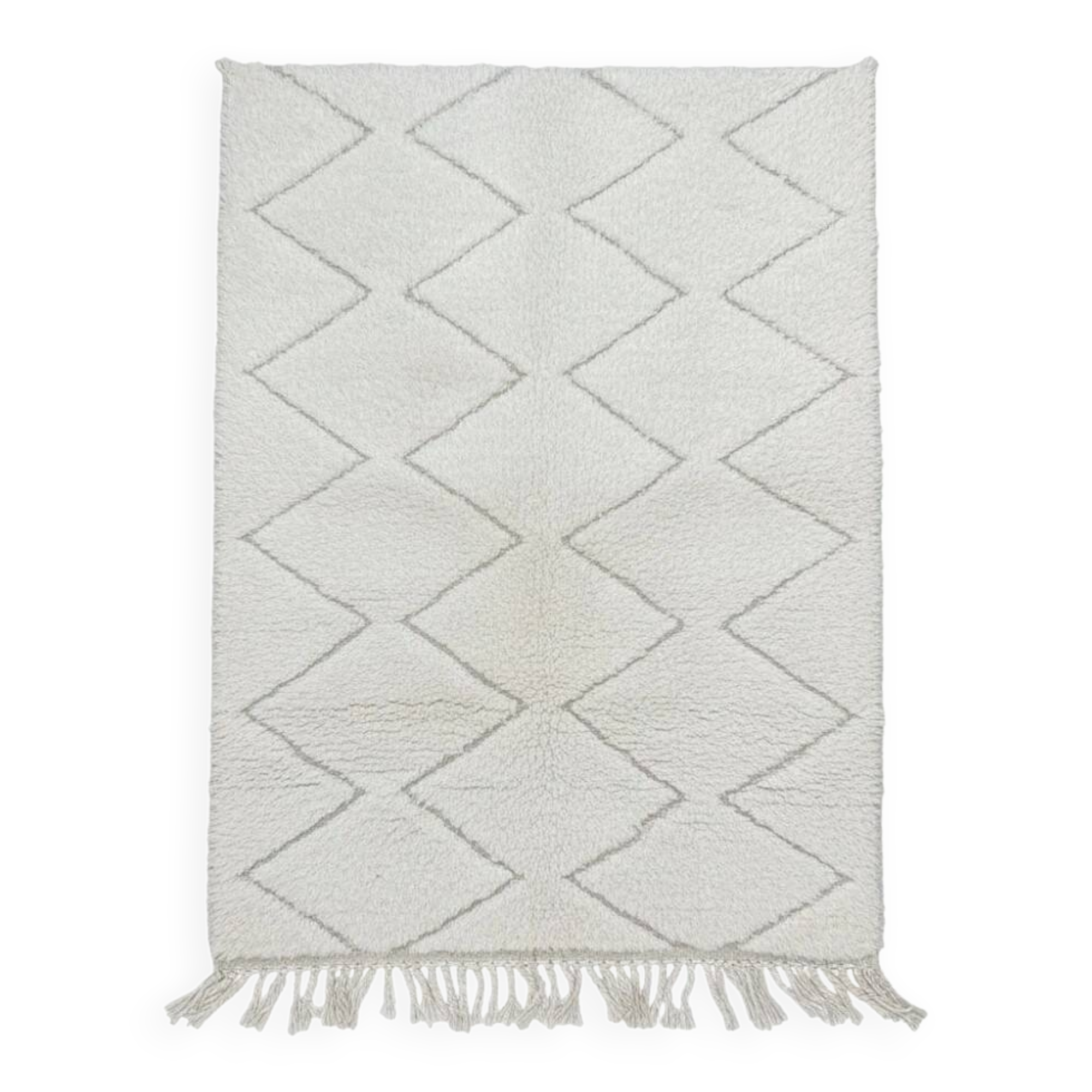 Small white Moroccan rug with diamond pattern