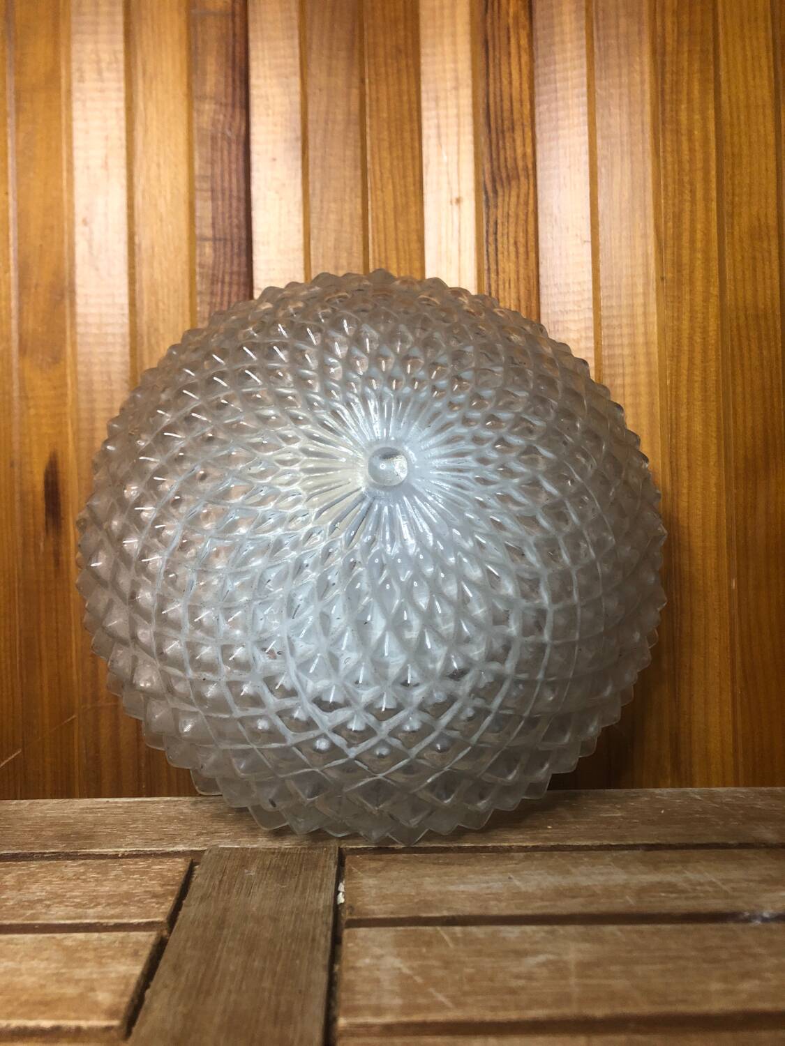 Old molded glass ceiling light + vintage white metal support