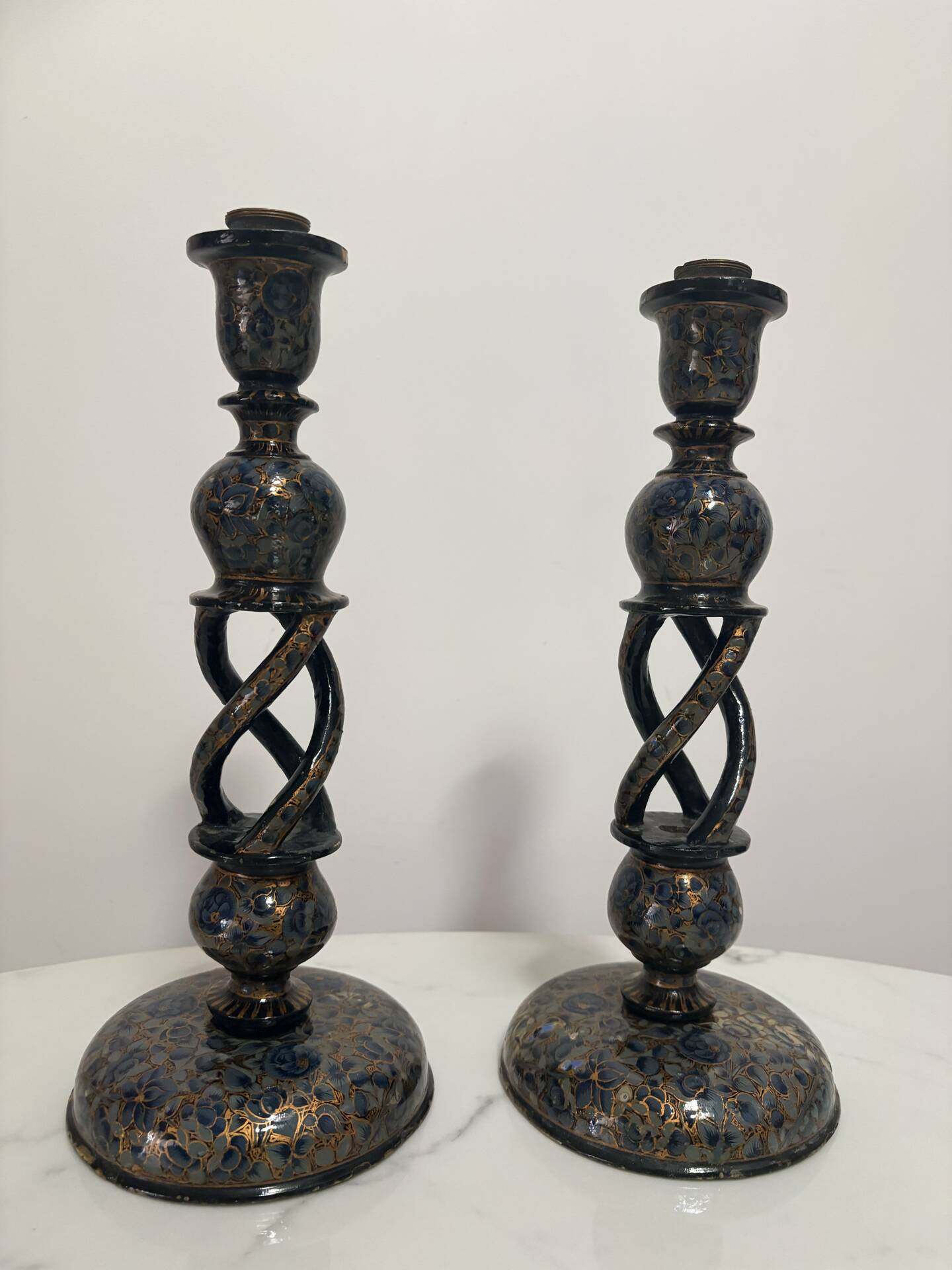 Pair of ancient Kashmiri candlesticks in midnight blue and gold – lamp bases