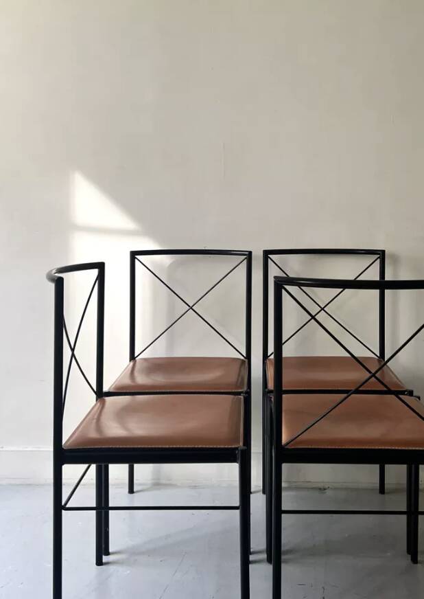 Set of 2 Italian chairs in black metal/cognac leather Arrben, Italy 1970.