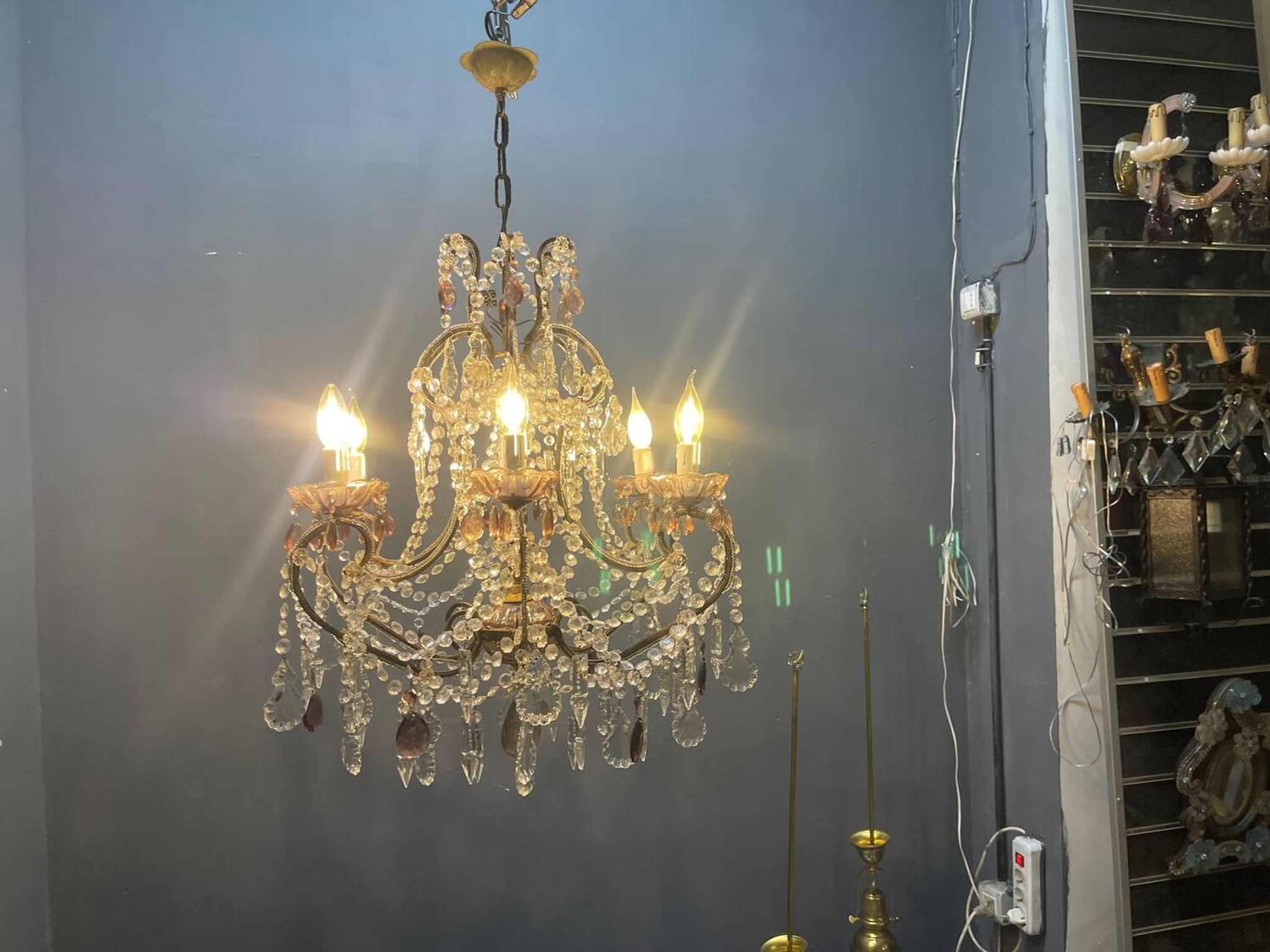 Vintage Italian Crystal Beaded Chandelier with Lilac Glass Bobeches, 1