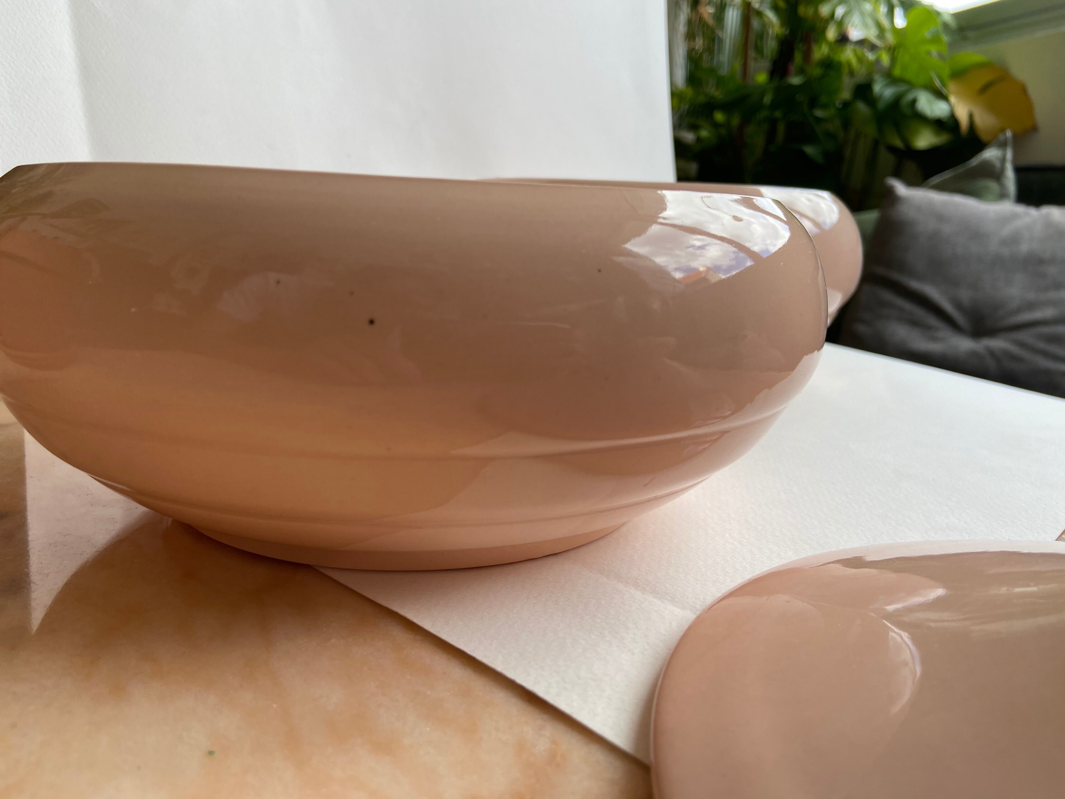Pair of Digouin Sarreguemines dishes with powder pink lid