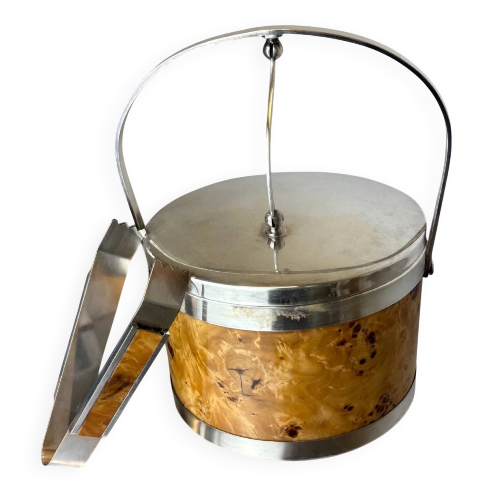 Lucite burl wood & brass ice bucket with tongs, Italy, circa 1970