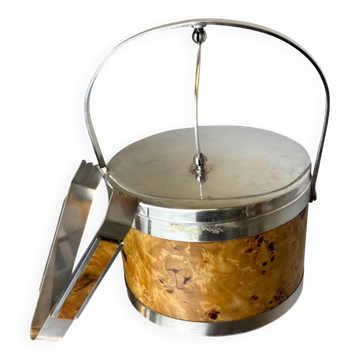 Lucite burl wood & brass ice bucket with tongs, Italy, circa 1970