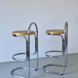 2 tabourets de bar tubulaires chromés et en rotin | Années 1970