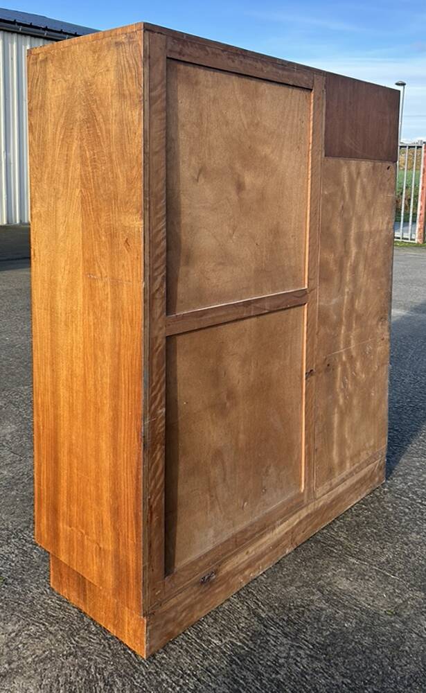 Asymmetrical wardrobe, Art Deco, 1930s walnut burl, wardrobe, shelves, drawers