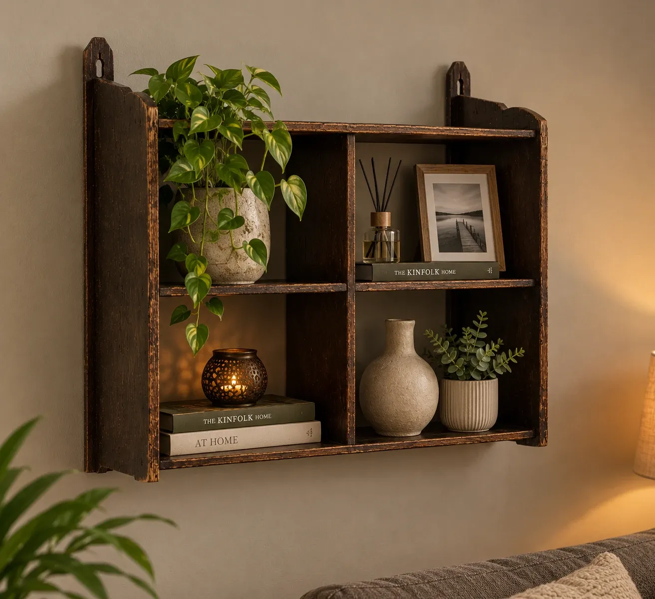 Vintage wooden wall shelve rack in oak brutalist minimalist design