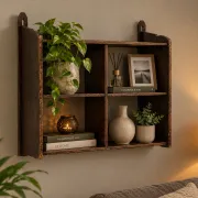 Vintage wooden wall shelve rack in oak brutalist minimalist design