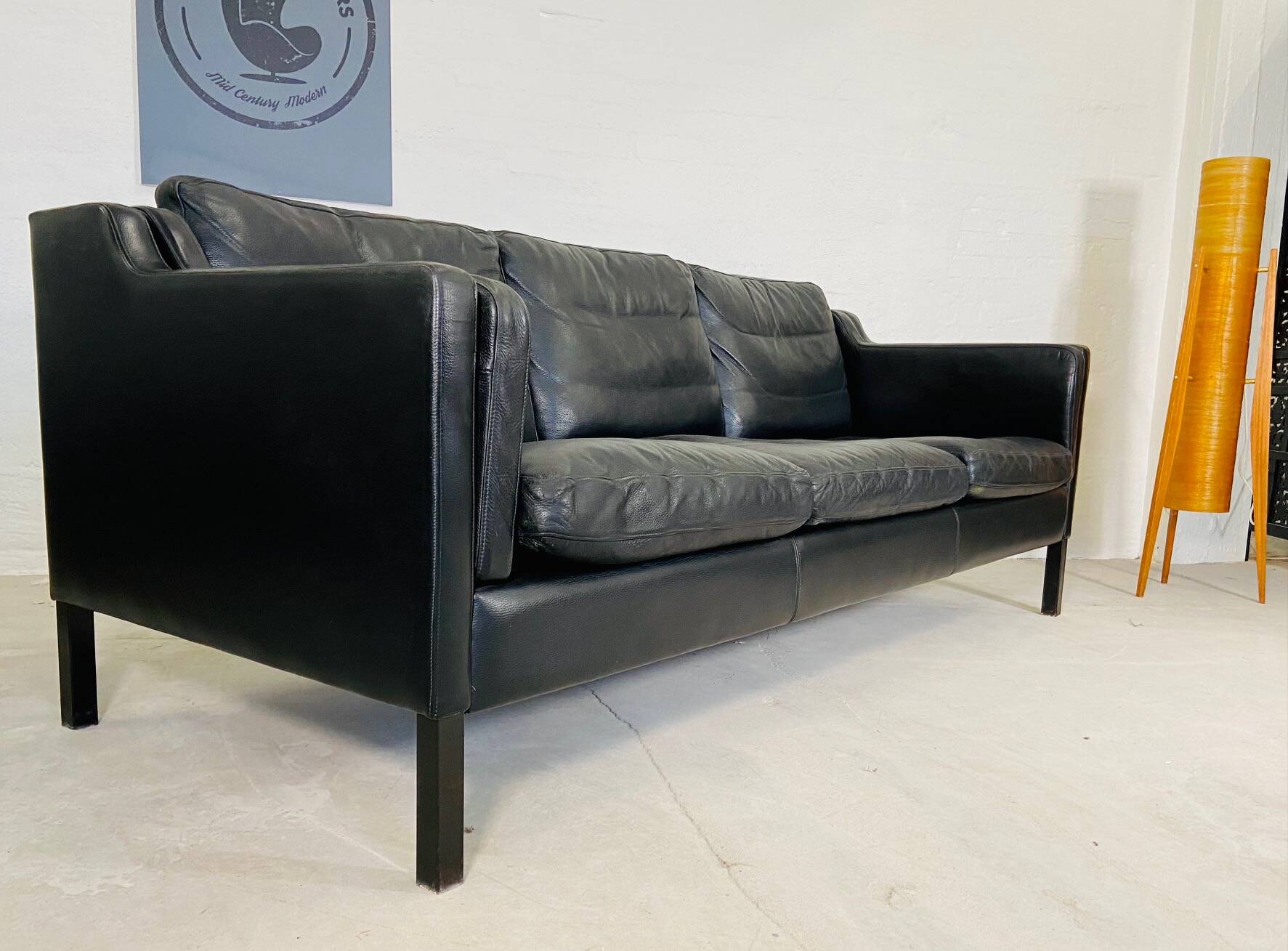 Vintage danish black leather 3 person stouby sofa