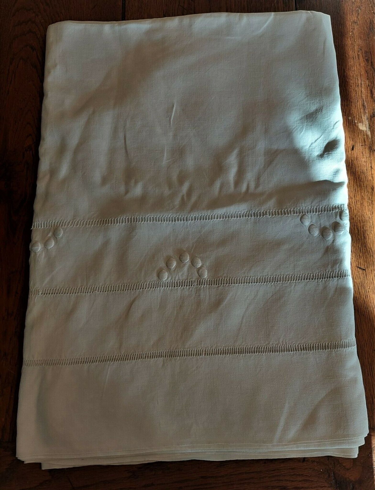 Old linen linen sheet triple row of days and embroidery peas 225 X 315 cm