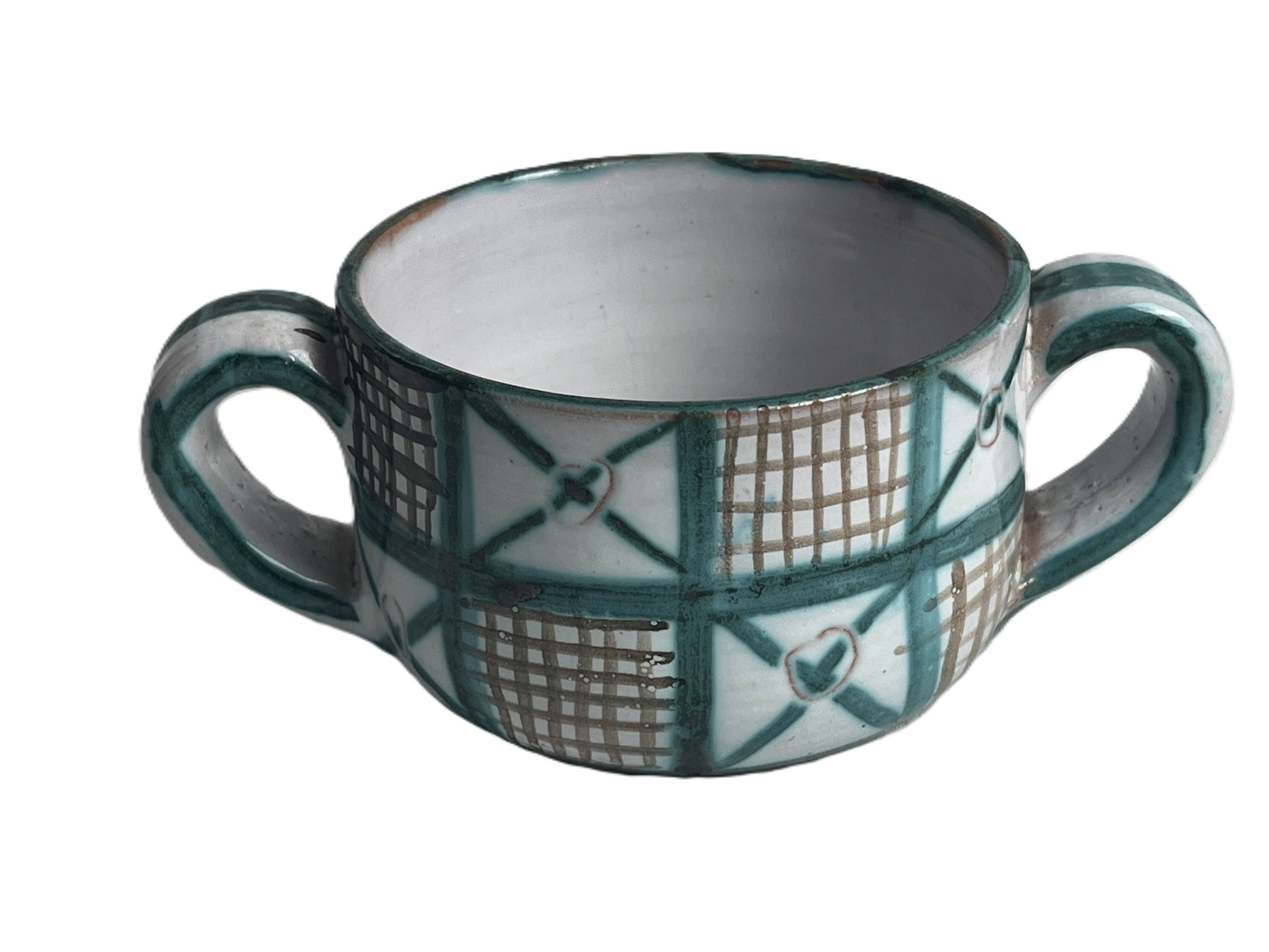 Robert Picault, bowl with two handles, polychrome earthenware, 20th century.