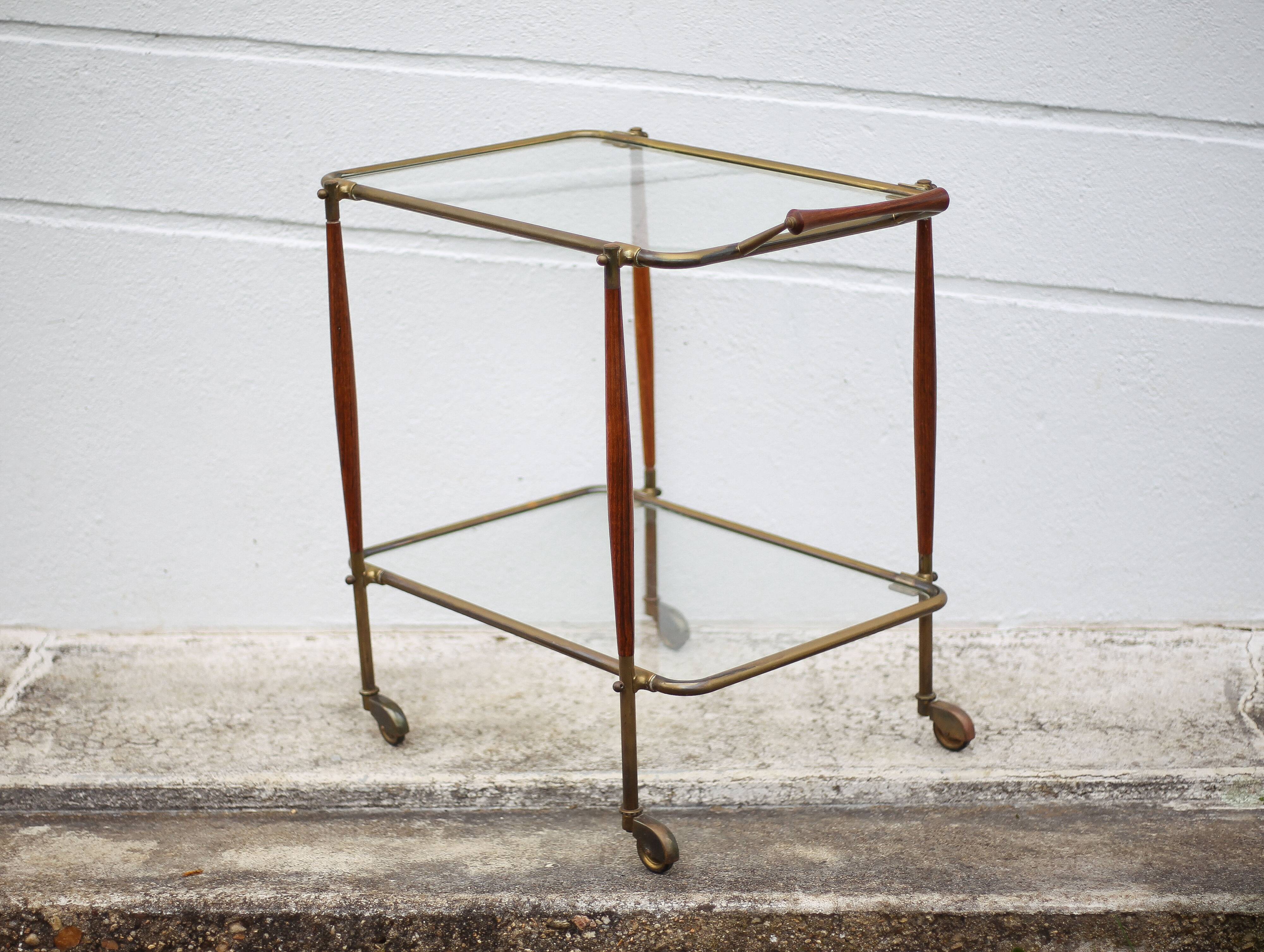 Wood and brass rolling dessert trolley, bar cart, server, trolley, 1950 Cesare Lacca for Arredoluce.