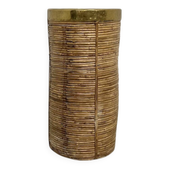 Vintage rattan and brass umbrella stand, 1970s