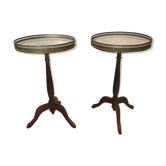 Pair of round mahogany pedestals above white marble brass gallery