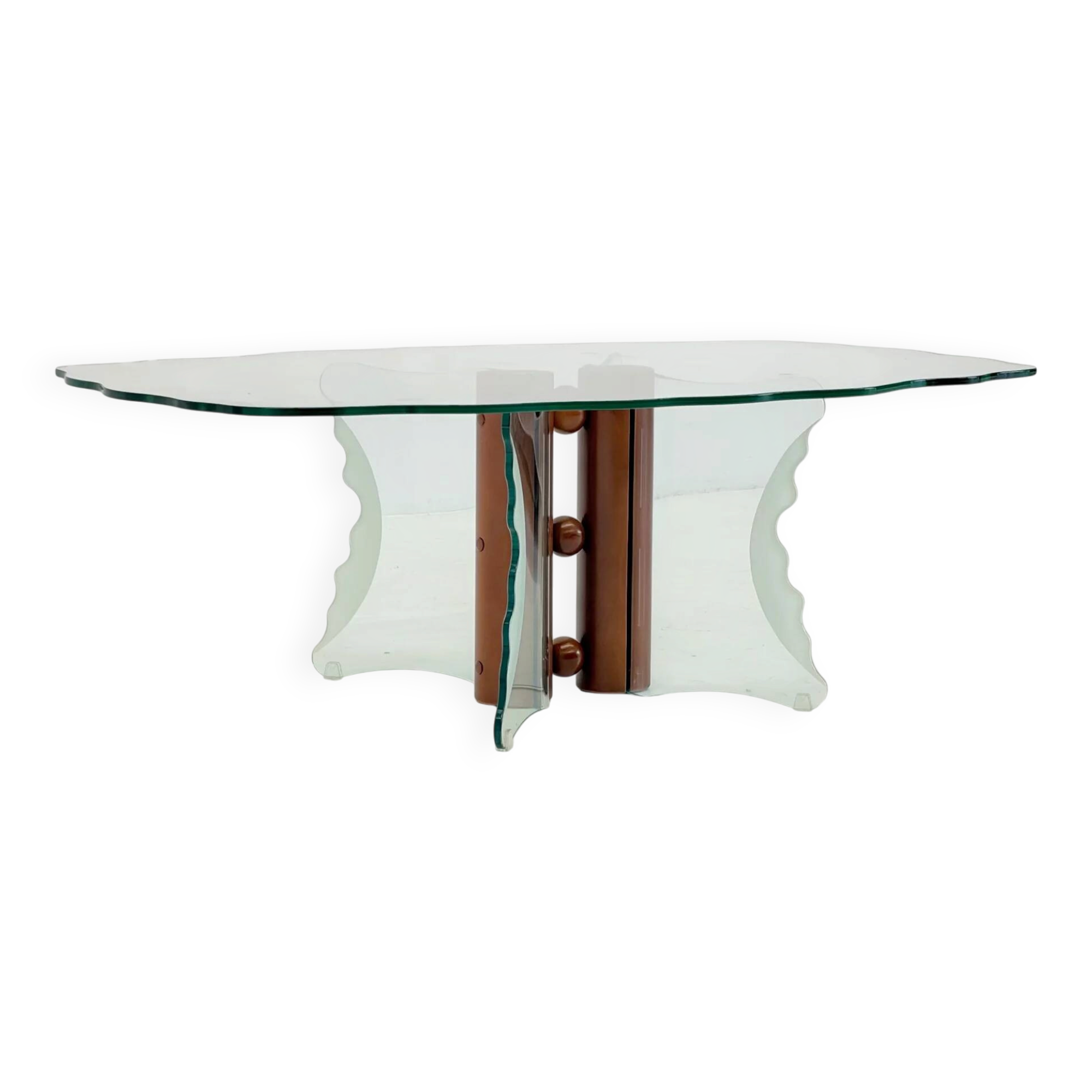 Vintage postmodern coffee table with wavy glass and wooden spheres