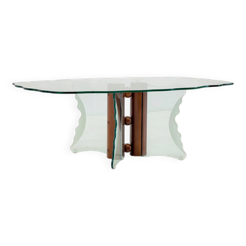 Vintage postmodern coffee table with wavy glass and wooden spheres