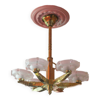 suspension art déco, lustre 6 feux globe verre Ezan, lustre bronze art déco