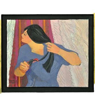 Tableau Claudia Williams née en 1933. Girl Combing Hair, 1989. Huile sur toile. Encadré.