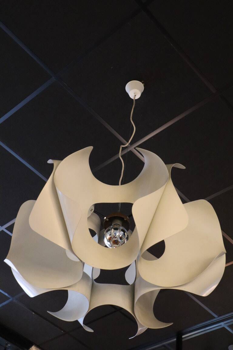 Space Age pendant lamp by Jean D'Imbleval in white lacquered aluminum, 1970