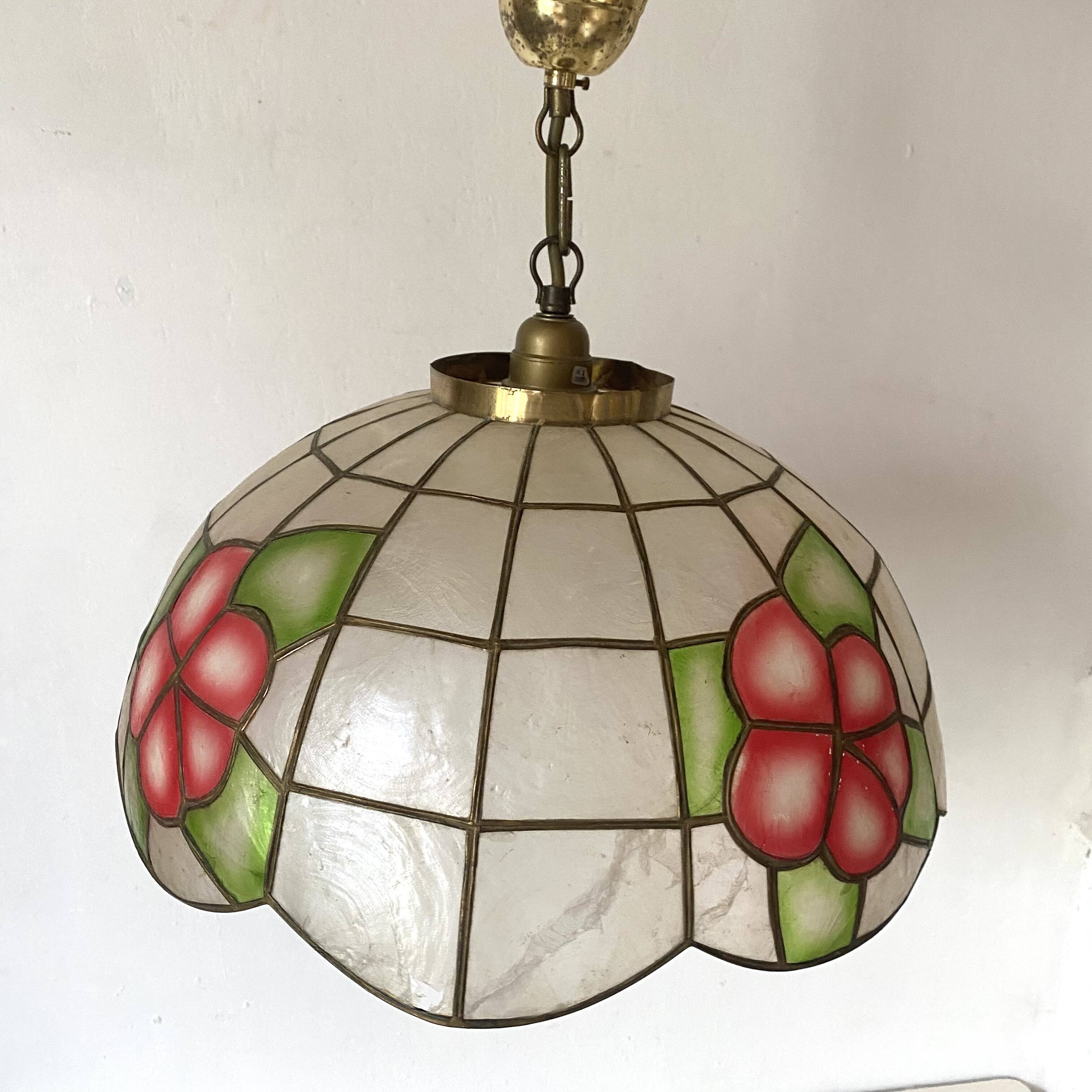 Vintage mother-of-pearl and brass flower pendant light