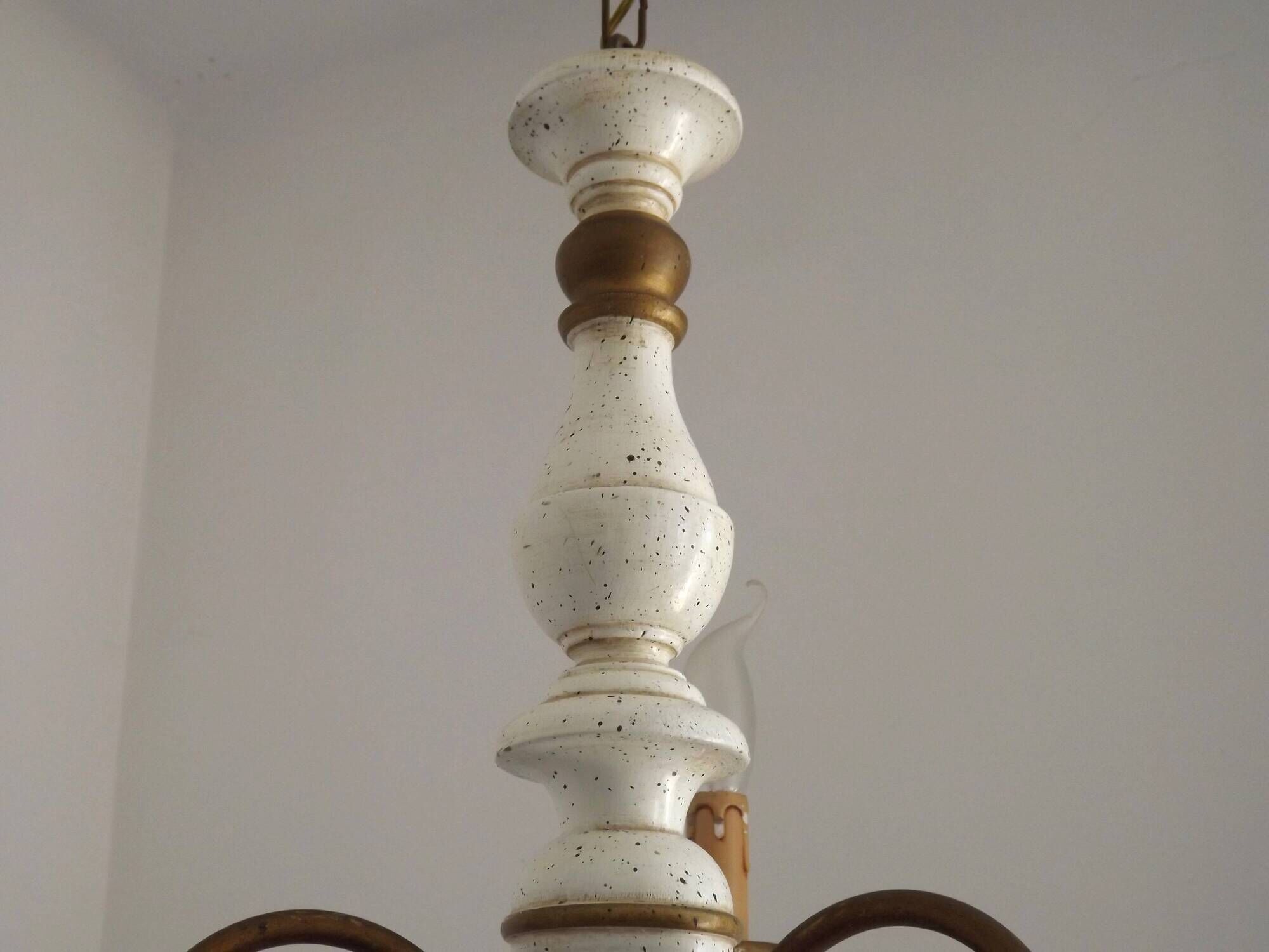Vintage French 3-Light Chandelier White Wood & Bronzed Effect Metal