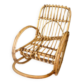 Rocking-chair, chaise à bascule enfant vintage, fauteuil rotin bambou