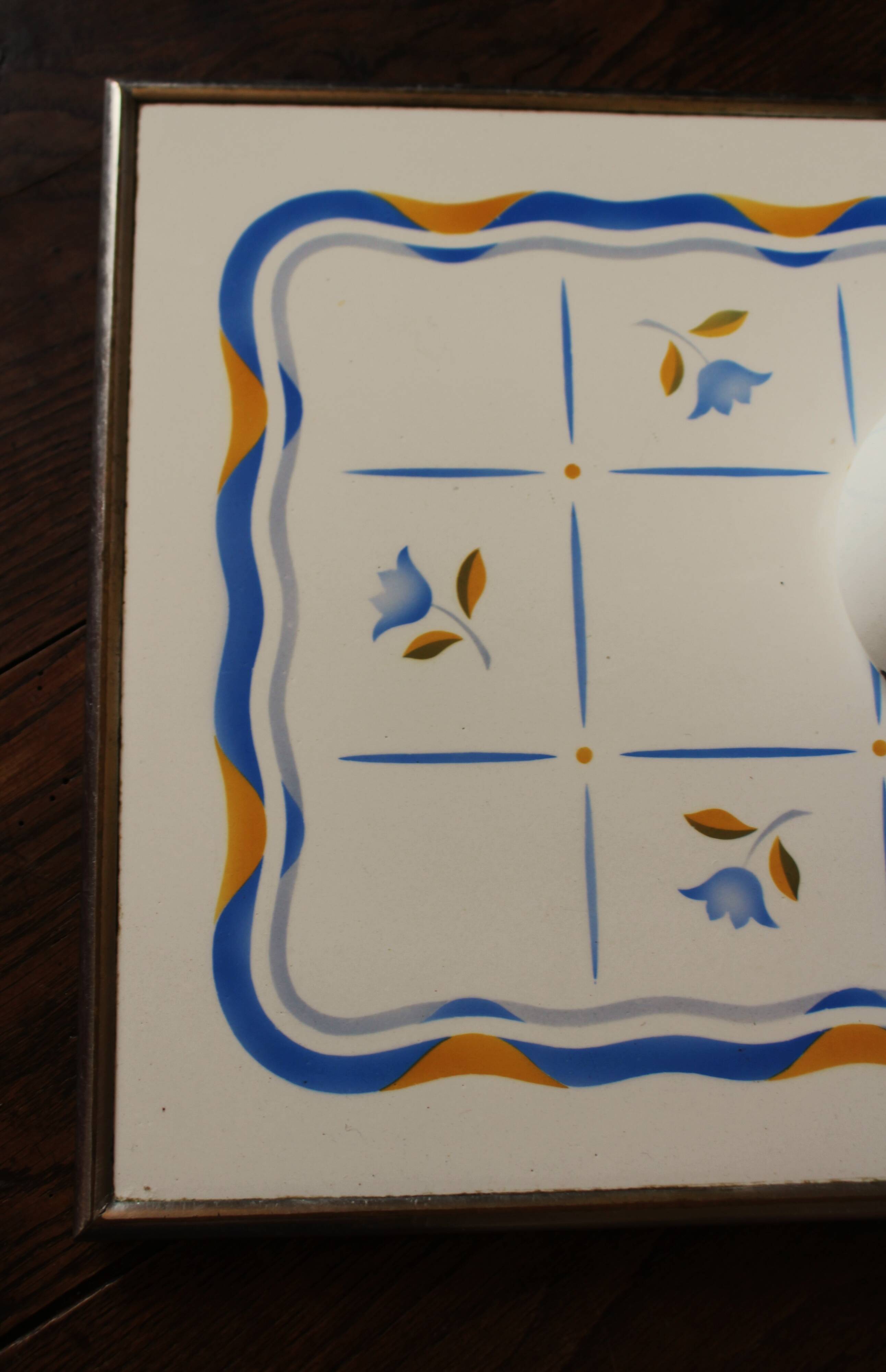 Art Deco yellow and blue tulip metal earthenware tray