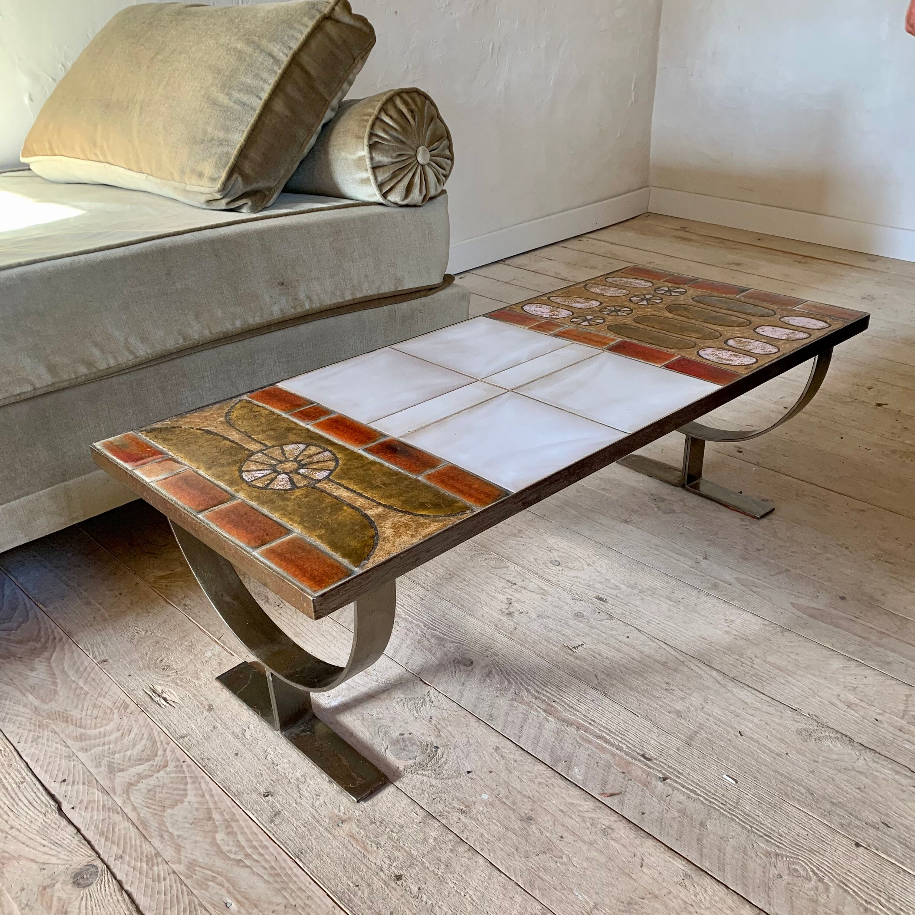 Ceramic coffee table and brushed steel by Jean Gregorieff