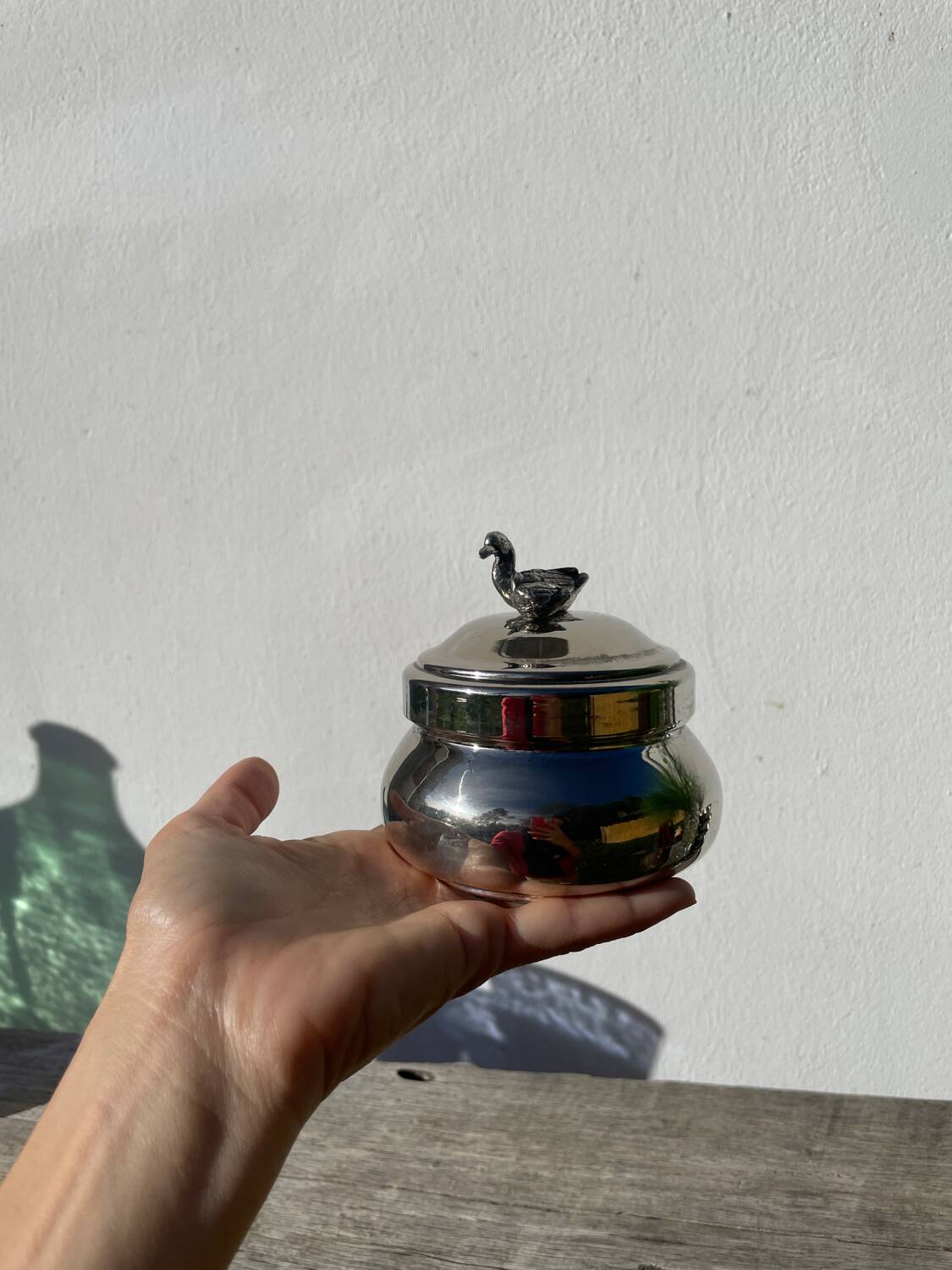 Silver-plated metal box or sugar bowl with ducks