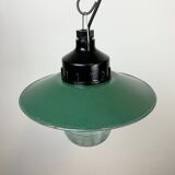 Industrial bakelite green enamel pendant light with ribbed glass, 1970s