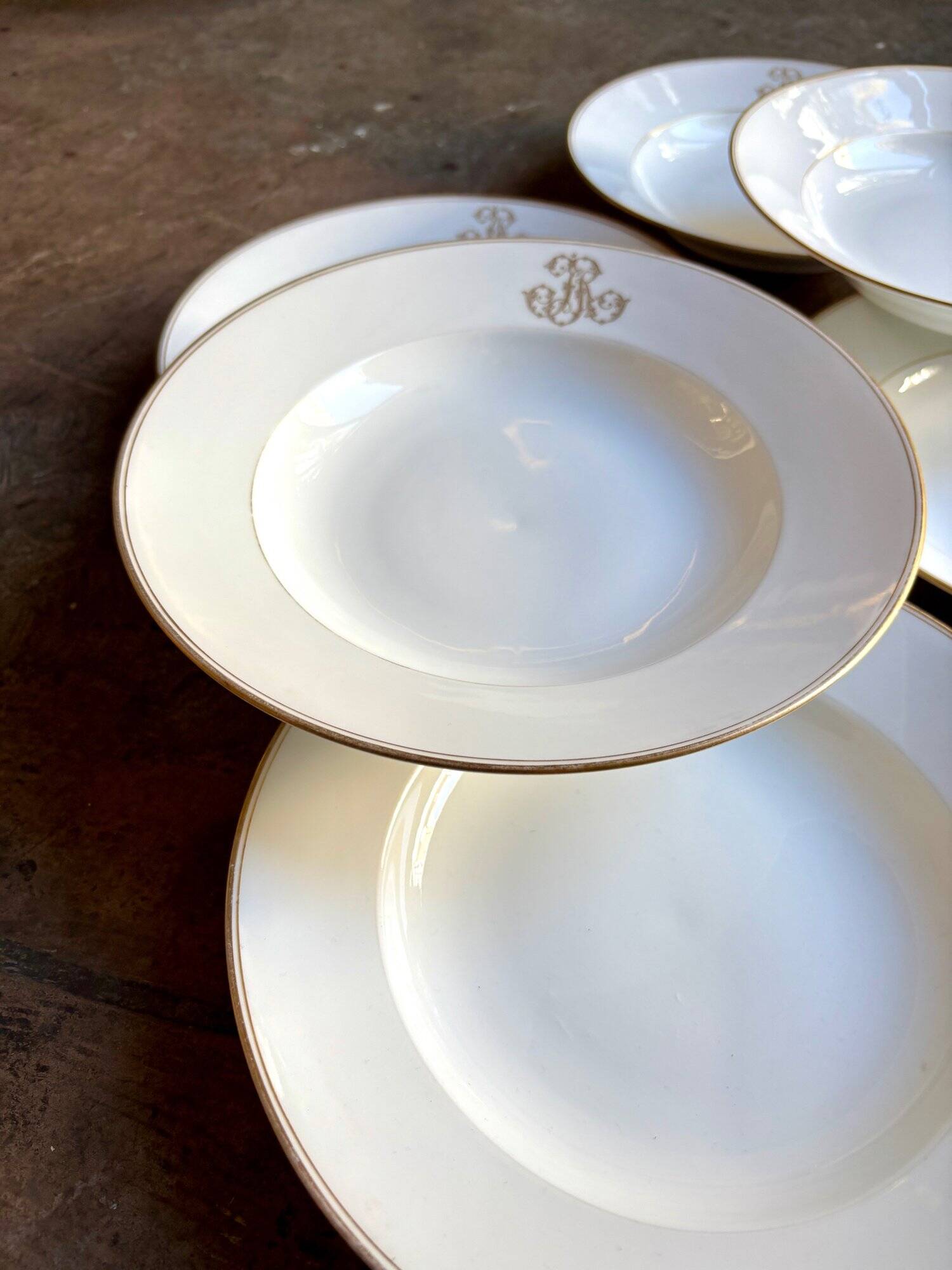 6 monogrammed Paris porcelain soup plates