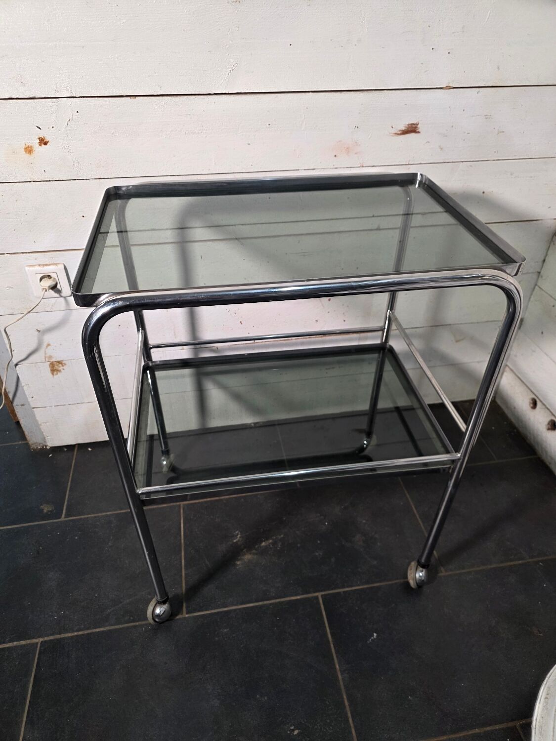 Vintage chrome metal dessert trolley with smoked glass from the 1970s.