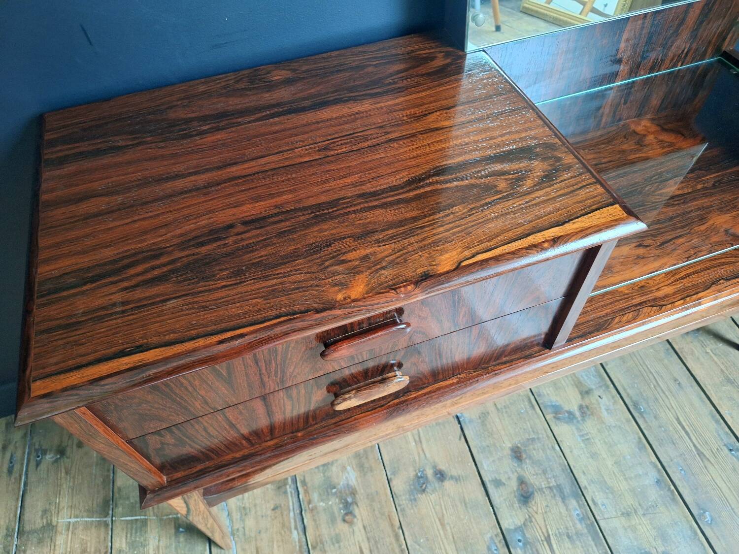 Vintage enfilade in rosewood, antique dressing table, chest of drawers.